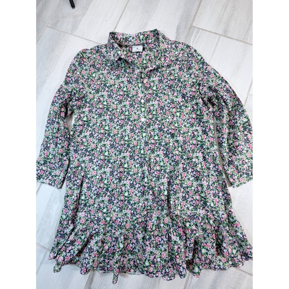 Tuckernuck Callahan Shirt Dress XXL Pink Green Floral Ruffle Hem Long Sleeve